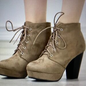 Suede Lace-Up Ankle Boots - Tan
